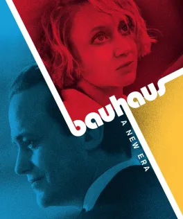 Affiche Bauhaus rouge, bleue et jaune illustrant une approche visuelle moderne de l’effet Matilda